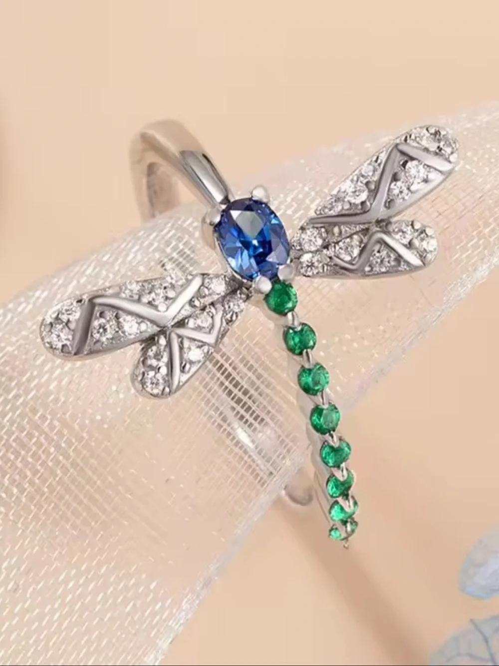 Dragonfly Silver Diamond Crystal Ring